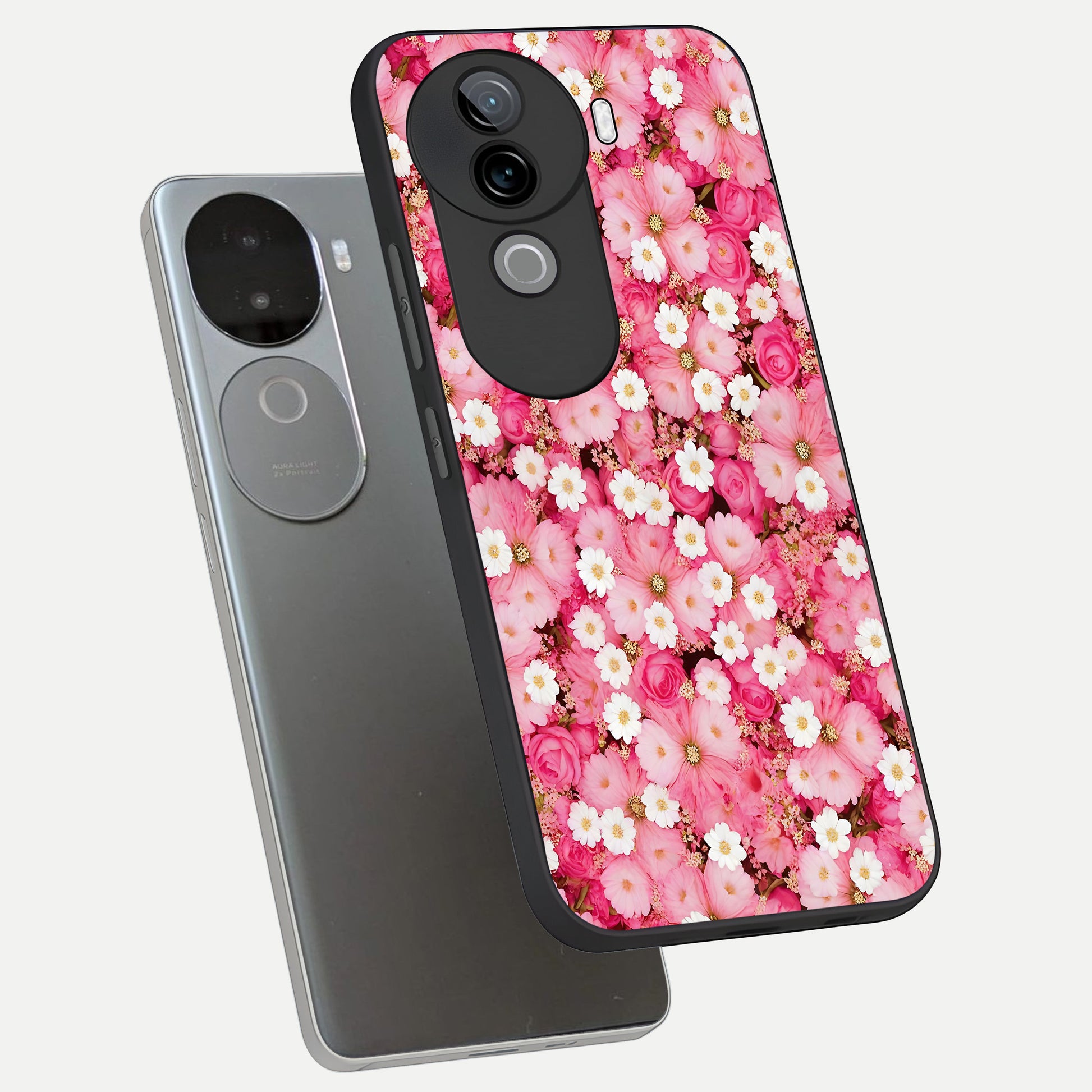 Pink Daisy Bliss phone case for iQOO Z9s showing premium glass back cover with detailed artwork
