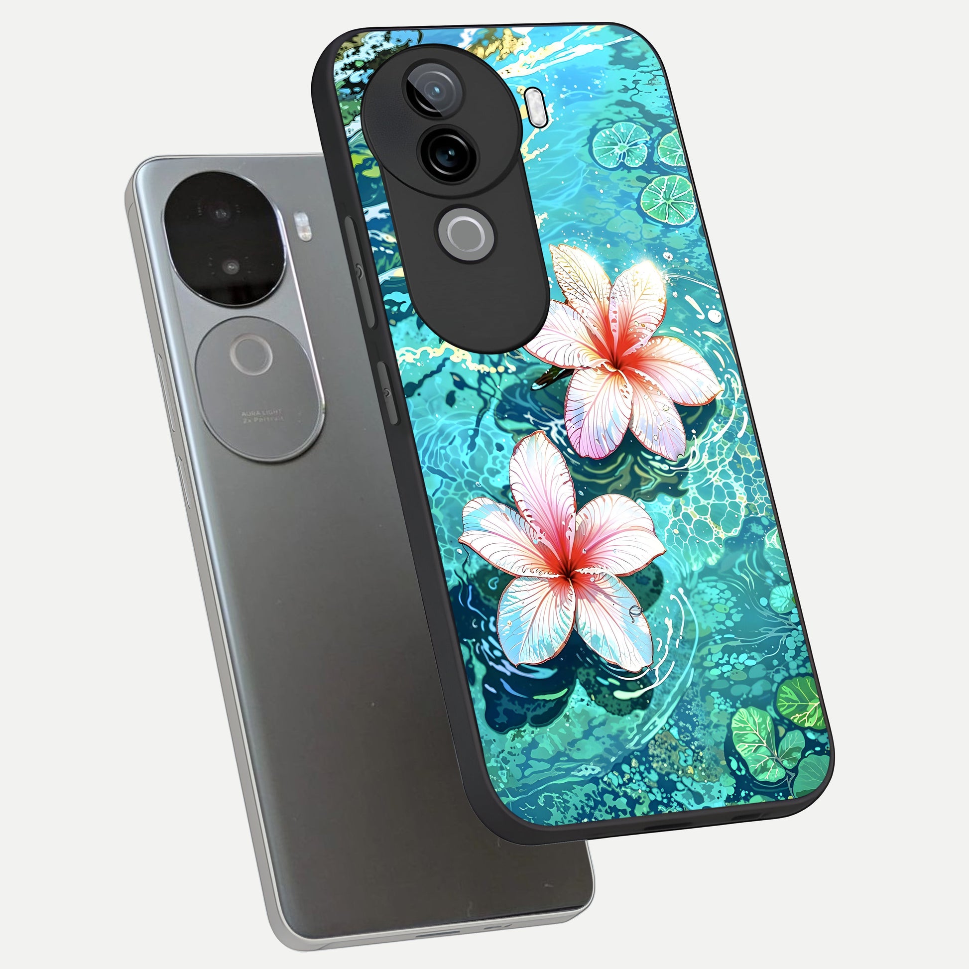  Pink Flowers in Water phone case for iQOO Z9s showing premium glass back cover with detailed artwork
