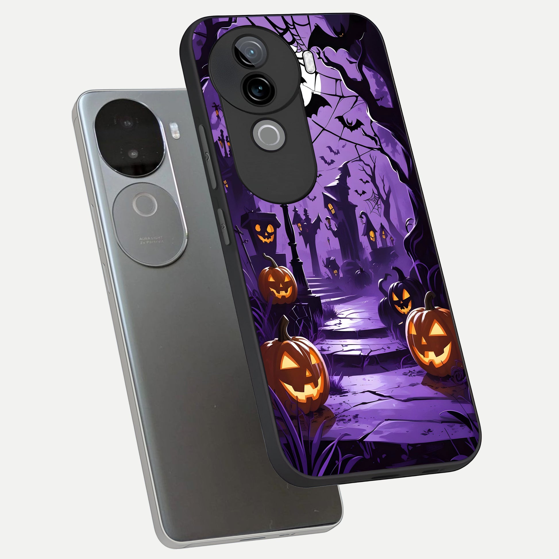  Pumpkin Patch Halloween phone case for iQOO Z9s showing premium glass back cover with detailed artwork