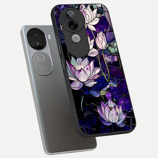  Purple Lotus Pattern phone case for iQOO Z9s showing premium glass back cover with detailed artwork