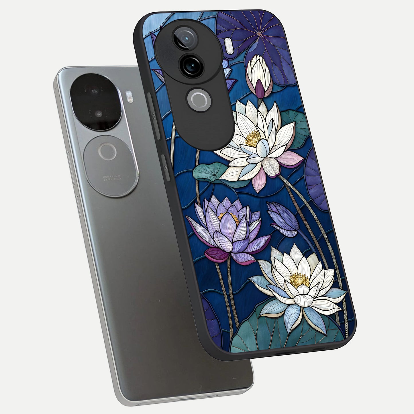  Purple Lotus Stained phone case for iQOO Z9s showing premium glass back cover with detailed artwork