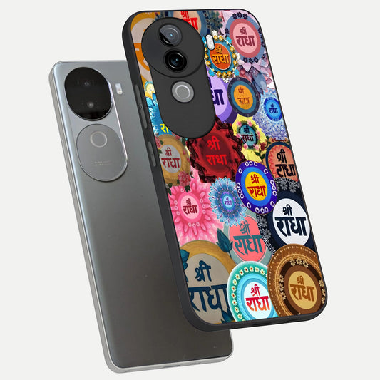  Radha Divine Bloom phone case for iQOO Z9s showing premium glass back cover with detailed artwork