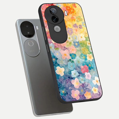  Rainbow Blossom Burst phone case for iQOO Z9s showing premium glass back cover with detailed artwork