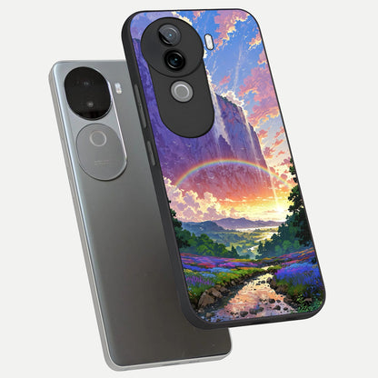  Rainbow Valley Dream phone case for iQOO Z9s showing premium glass back cover with detailed artwork