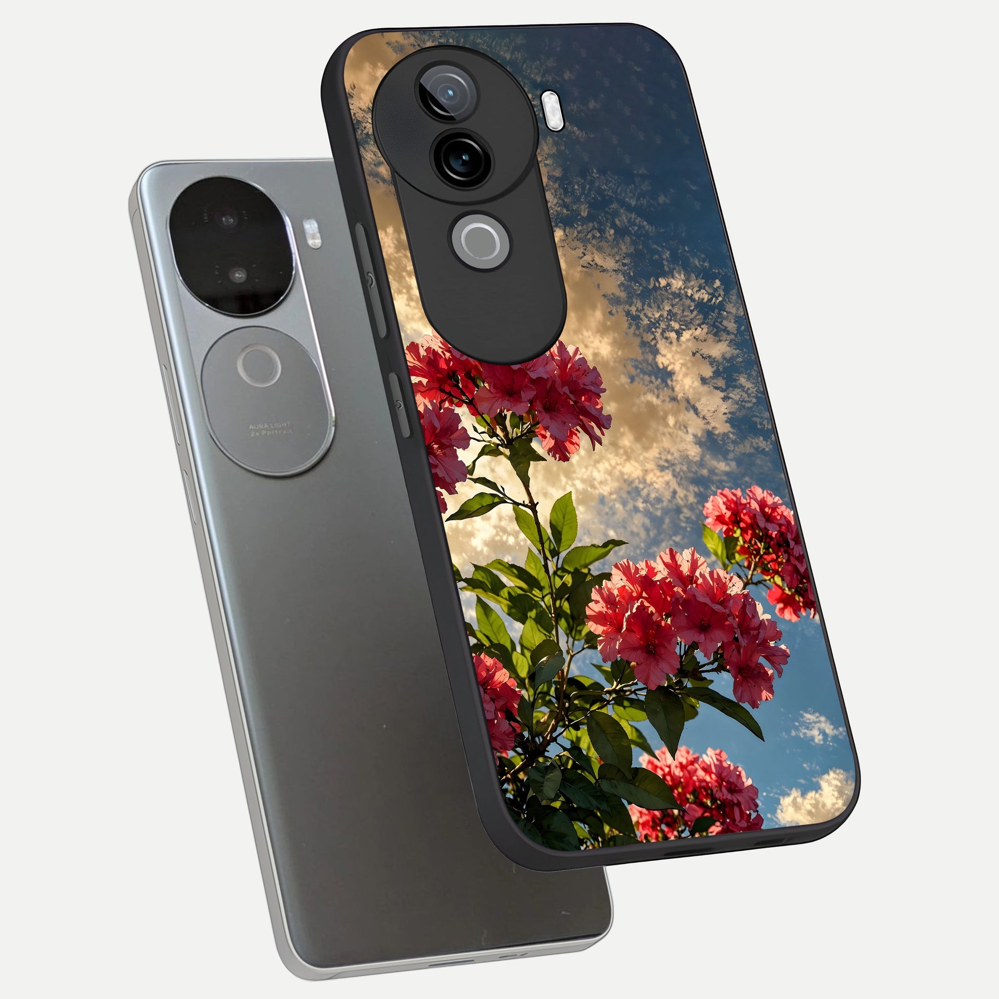  Red Bloom Skies phone case for iQOO Z9s showing premium glass back cover with detailed artwork