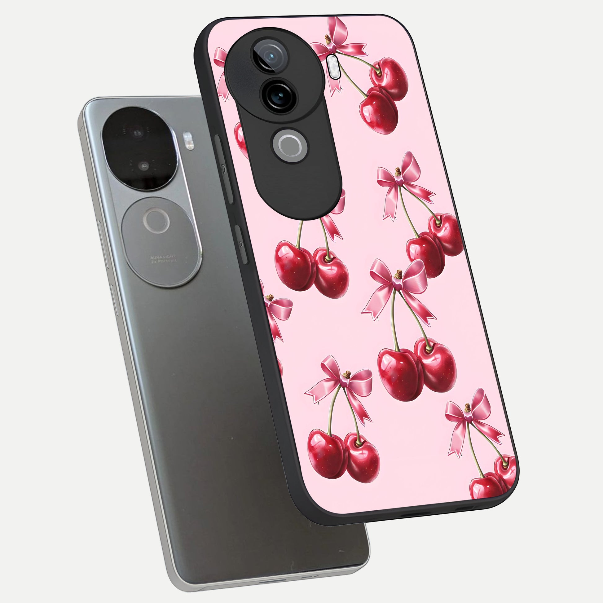  Red Cherries Pattern phone case for iQOO Z9s showing premium glass back cover with detailed artwork