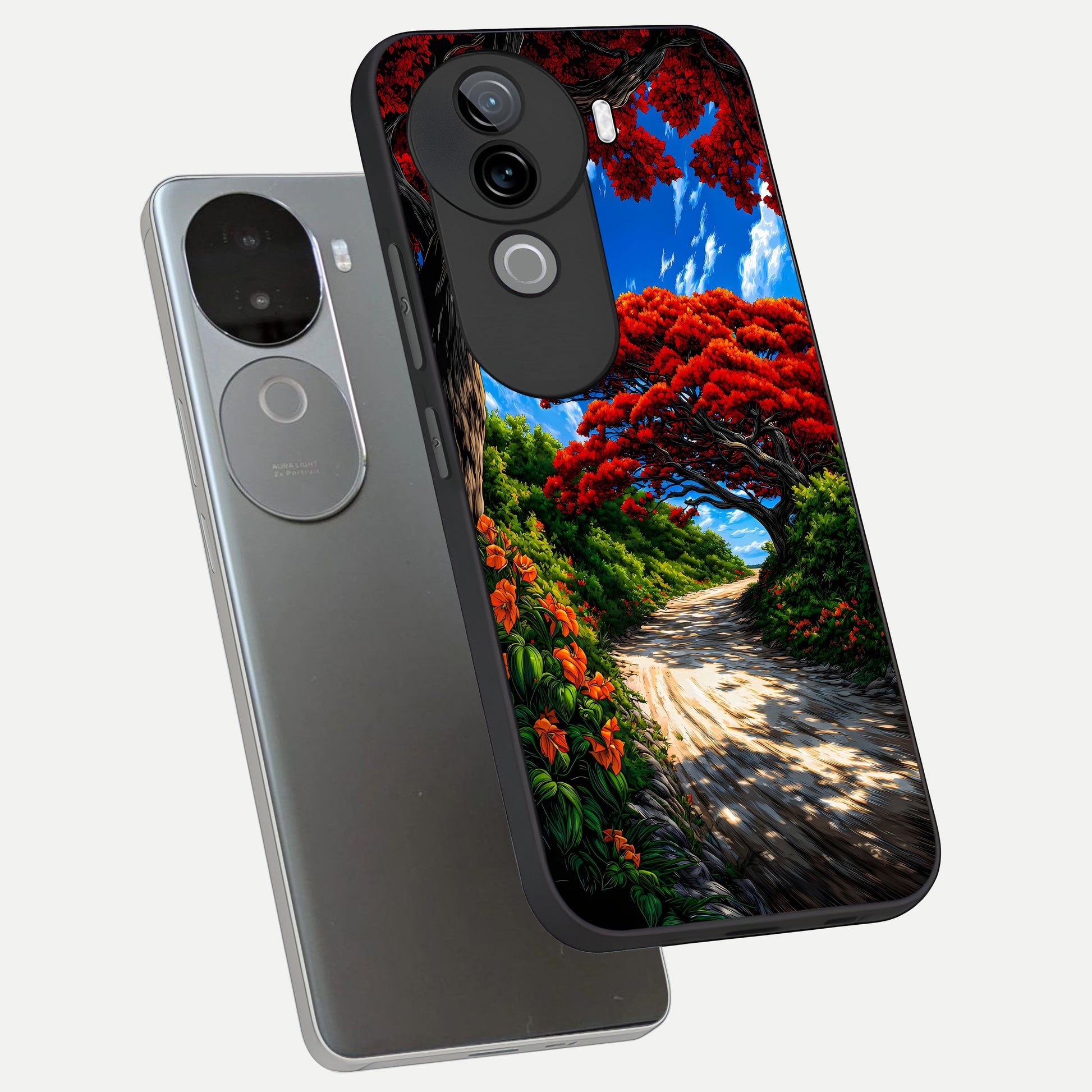 Red Trees Pathway phone case for iQOO Z9s showing premium glass back cover with detailed artwork