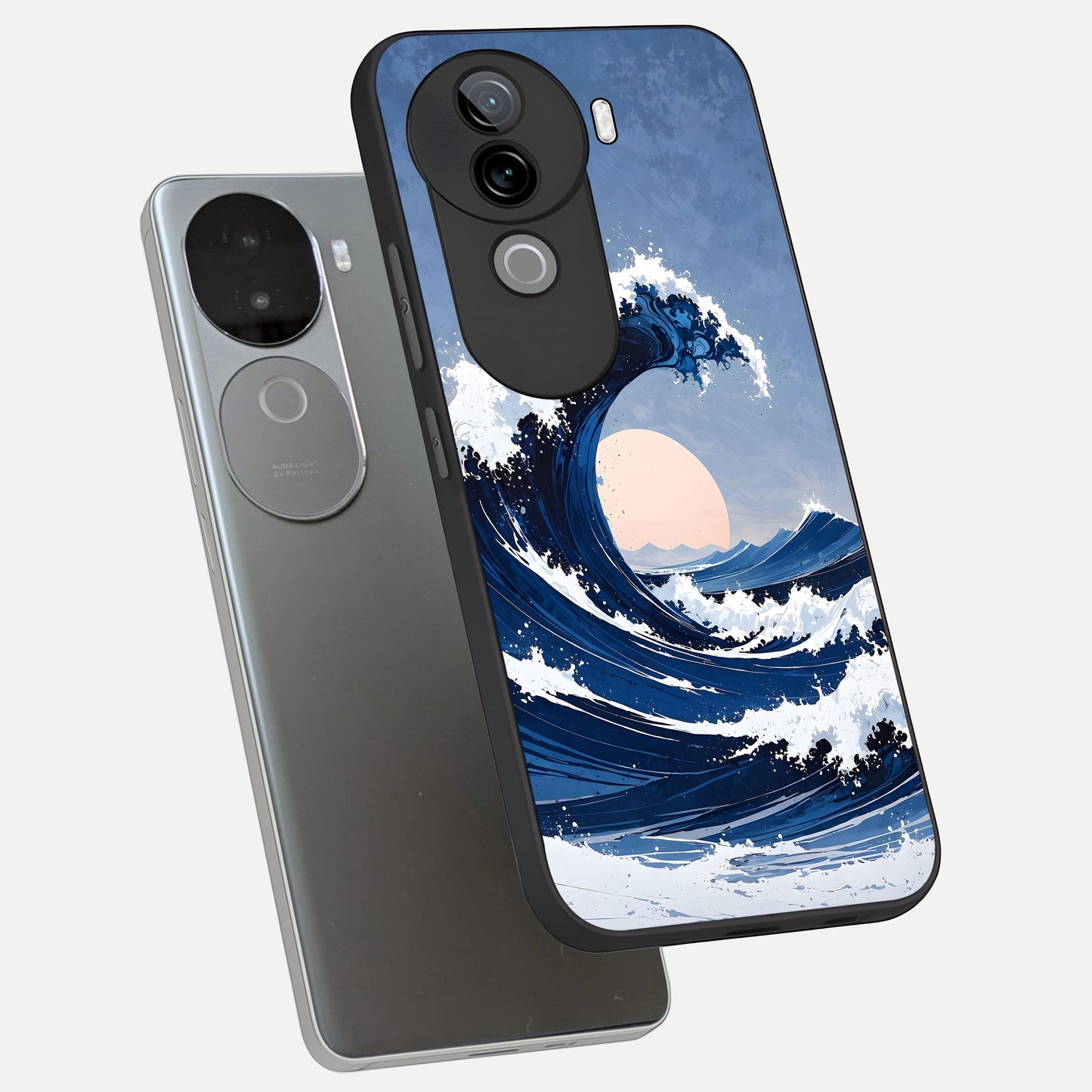  Rising Tide Power phone case for iQOO Z9s showing premium glass back cover with detailed artwork