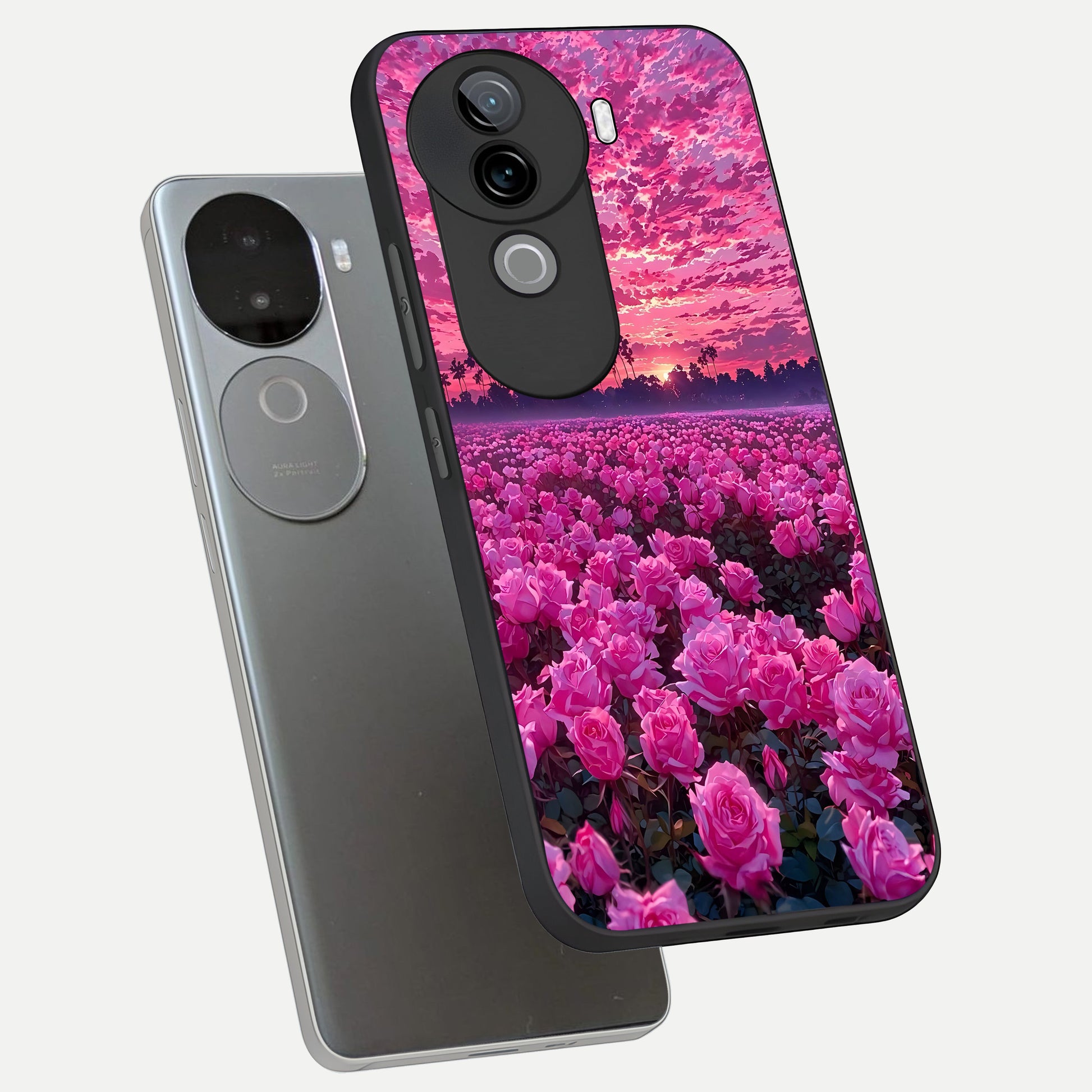 Rose Sunset Valley phone case for iQOO Z9s showing premium glass back cover with detailed artwork