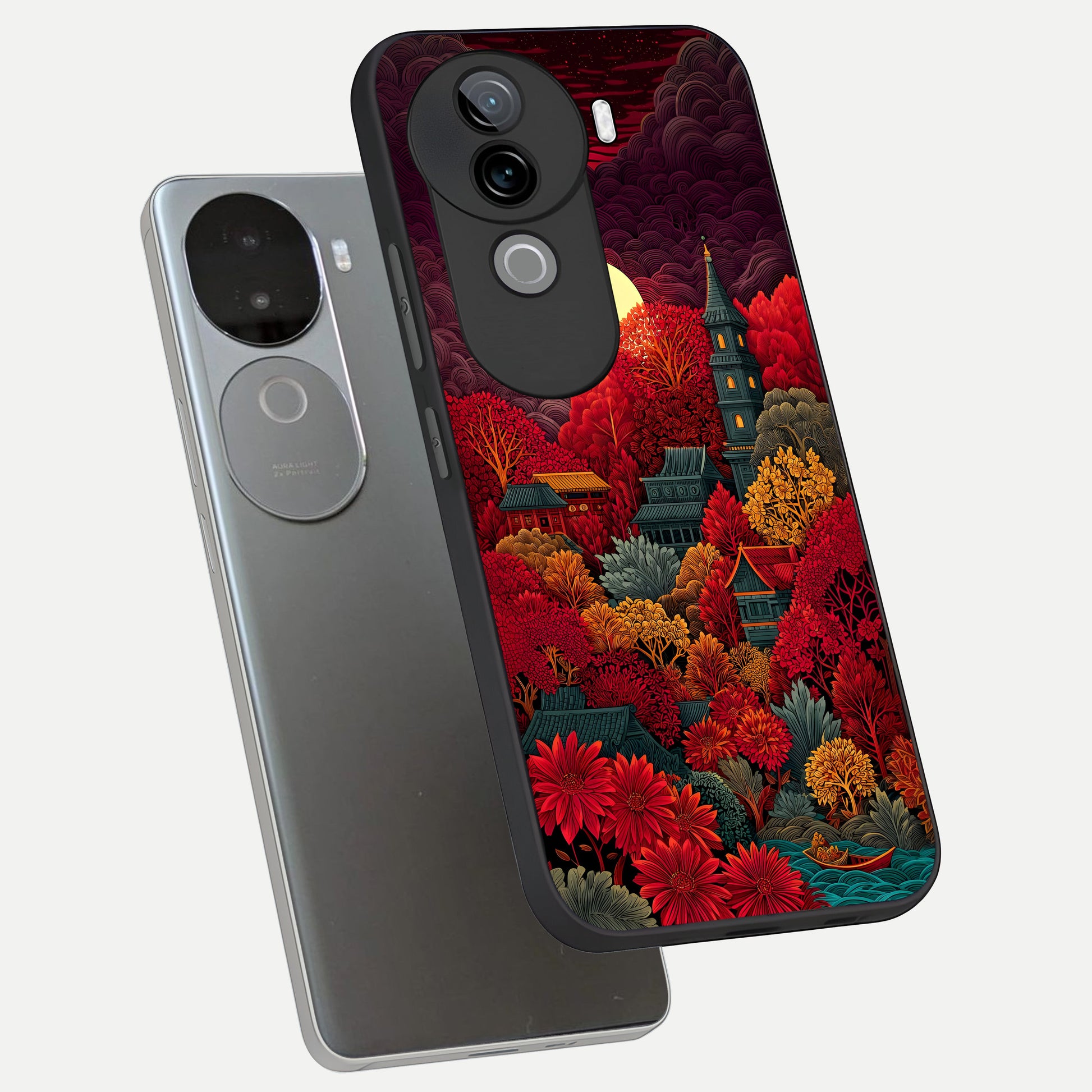  Scarlet Autumn Temple phone case for iQOO Z9s showing premium glass back cover with detailed artwork