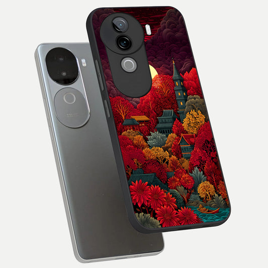  Scarlet Autumn Temple phone case for iQOO Z9s showing premium glass back cover with detailed artwork