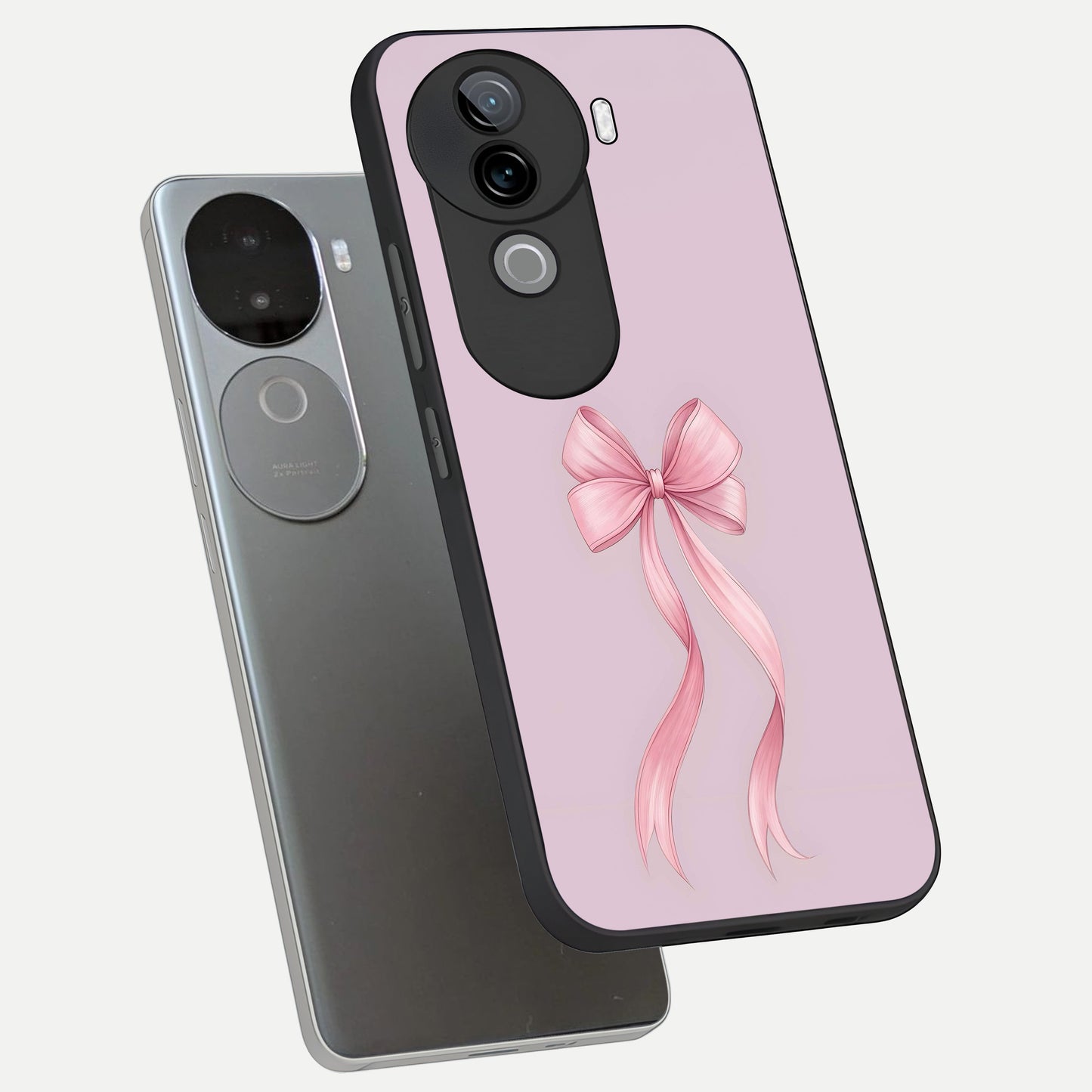  Soft Blush Bow phone case for iQOO Z9s showing premium glass back cover with detailed artwork