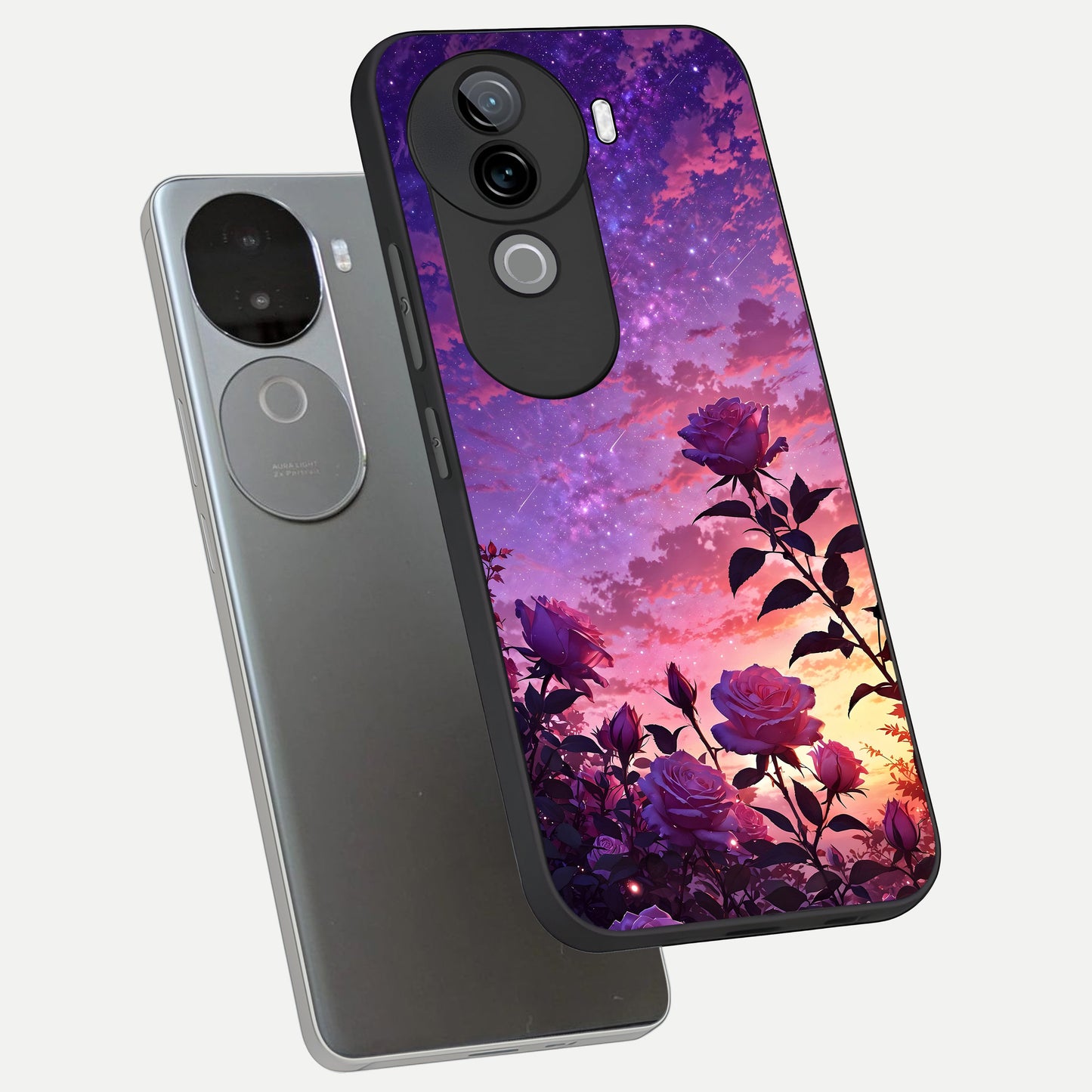  Starlit Rose Twilight phone case for iQOO Z9s showing premium glass back cover with detailed artwork