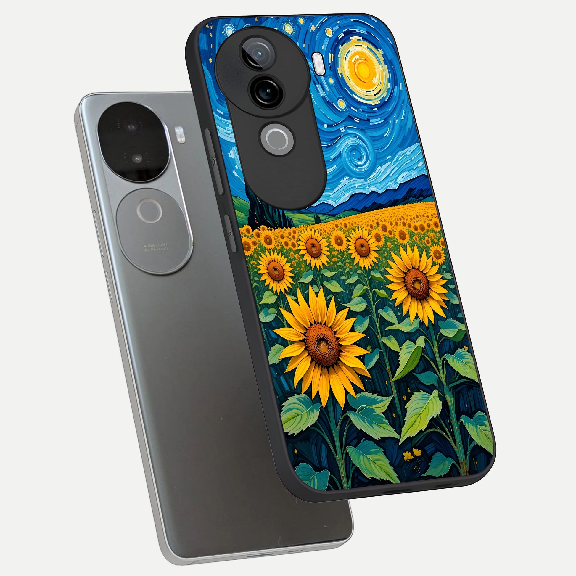  Starry Sunflower Dreams phone case for iQOO Z9s showing premium glass back cover with detailed artwork