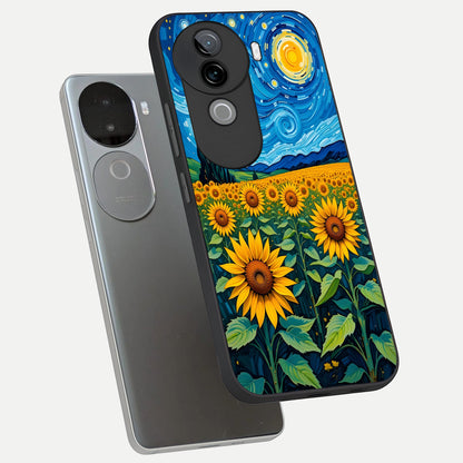 Starry Sunflower Dreams phone case for iQOO Z9s showing premium glass back cover with detailed artwork