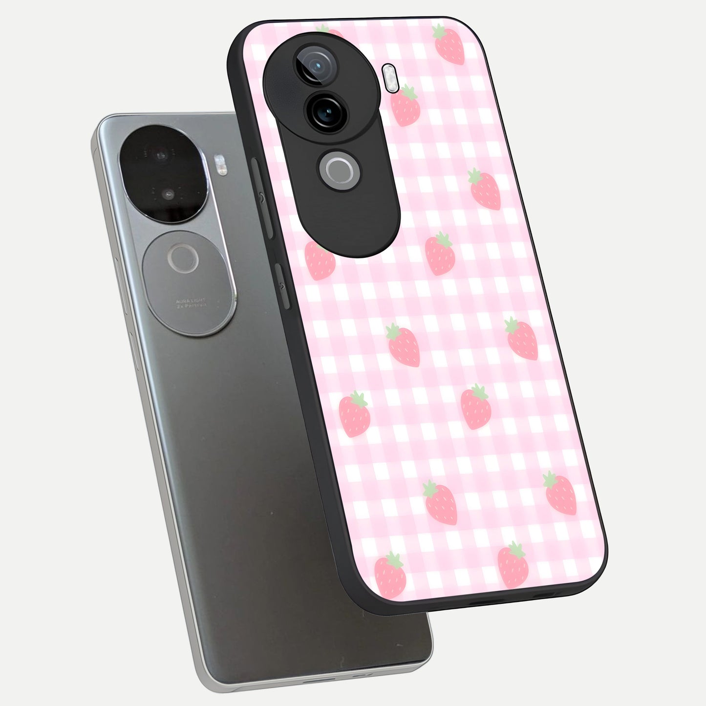  Strawberry Picnic Love phone case for iQOO Z9s showing premium glass back cover with detailed artwork