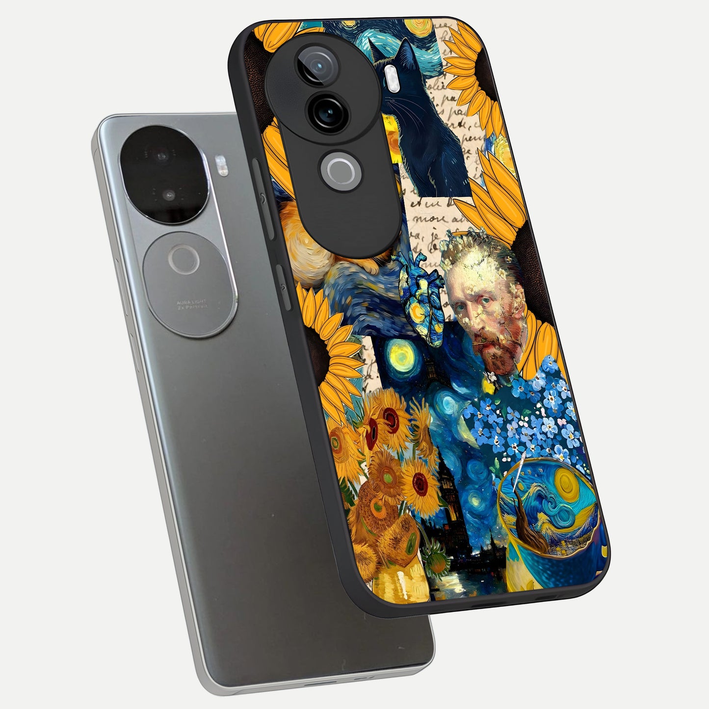  Sunflower Chic Mood Custom Name phone case for iQOO Z9s showing premium glass back cover with detailed artwork