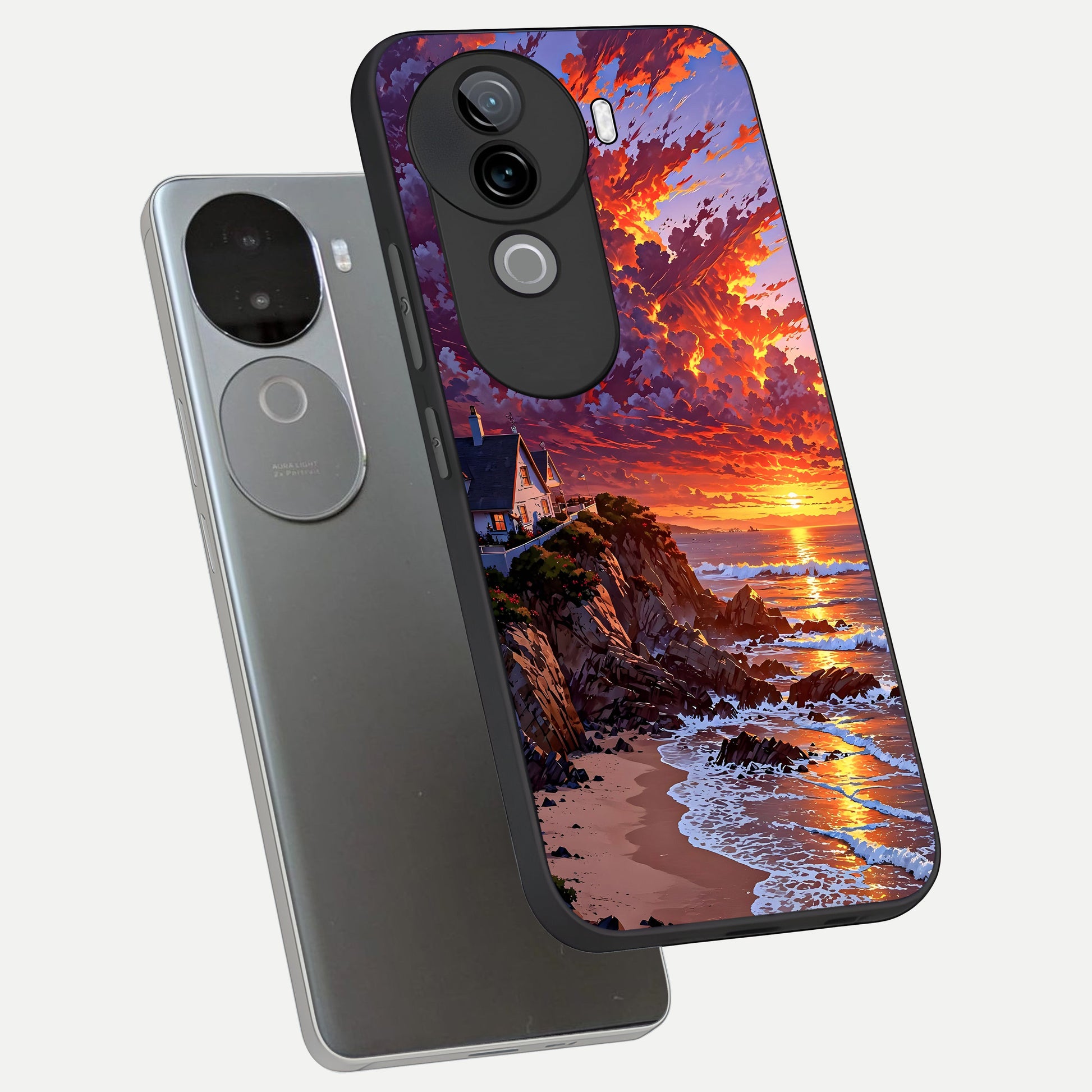  Sunset House By Sea phone case for iQOO Z9s showing premium glass back cover with detailed artwork