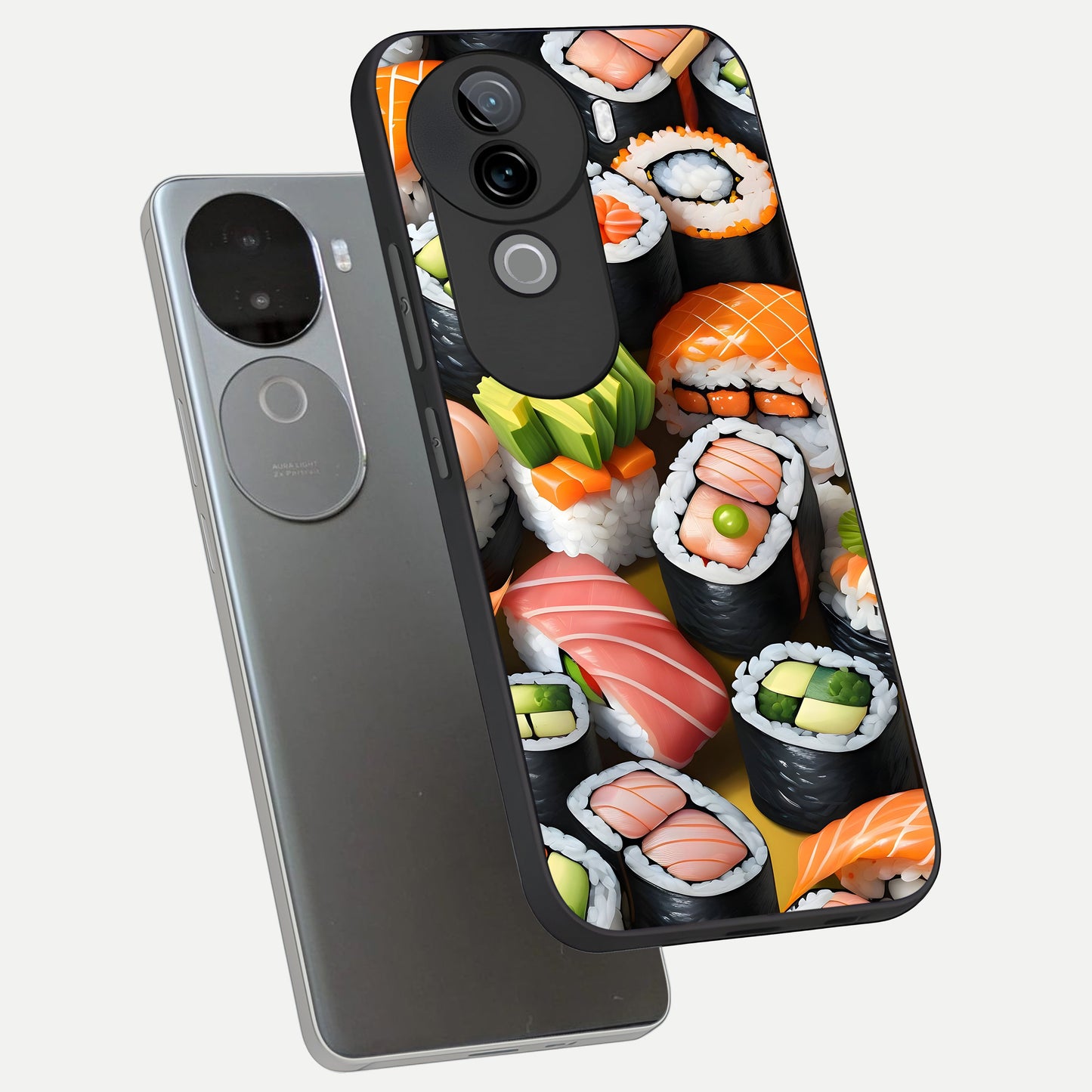  Sushi Food Pattern phone case for iQOO Z9s showing premium glass back cover with detailed artwork