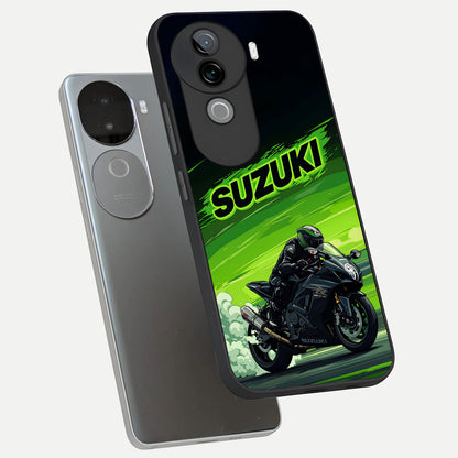  Suzuki Speed Beast phone case for iQOO Z9s showing premium glass back cover with detailed artwork