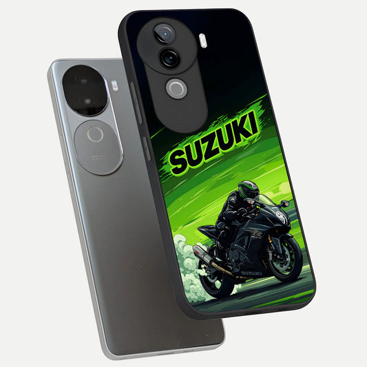  Suzuki Speed Beast phone case for iQOO Z9s showing premium glass back cover with detailed artwork