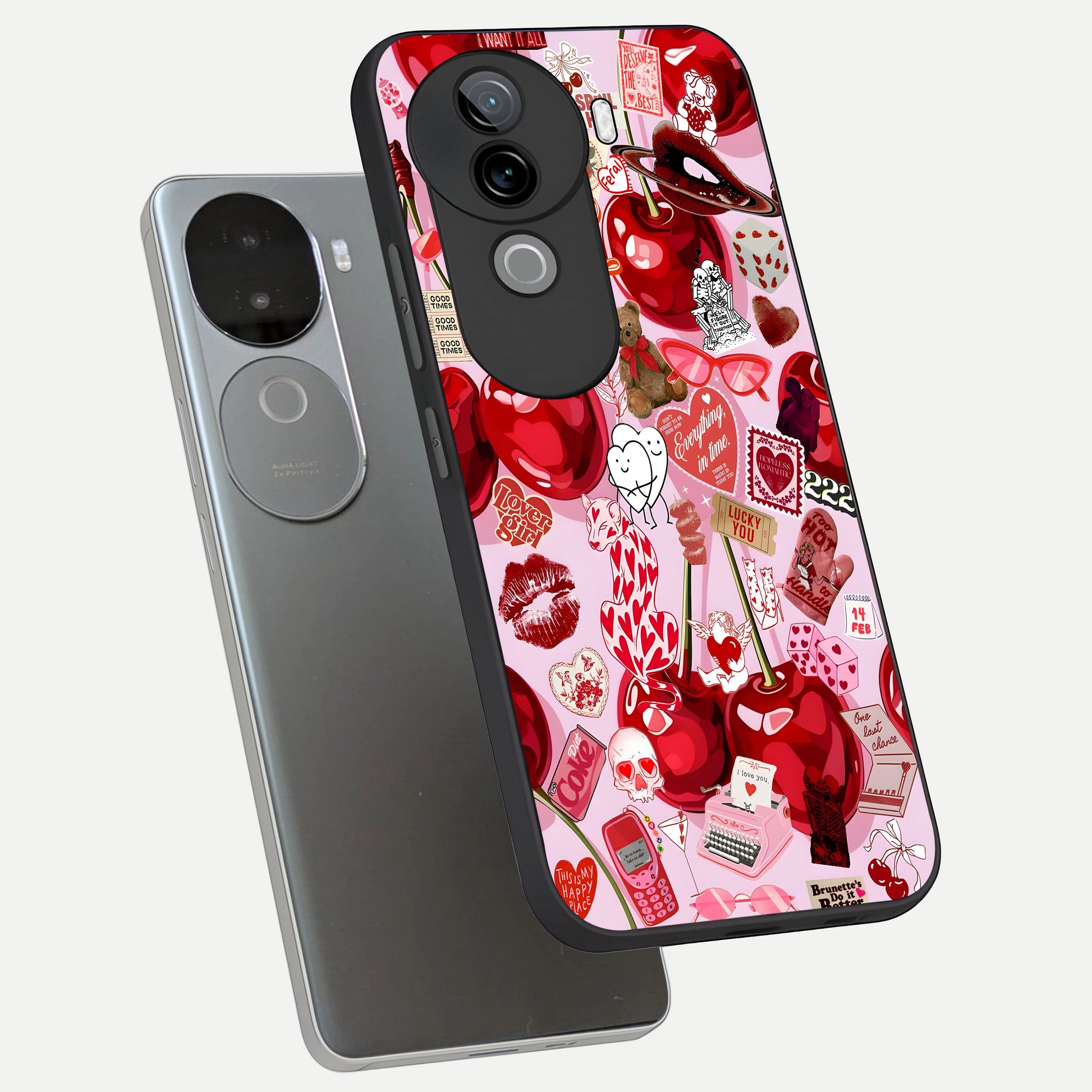  Sweet Cherry Chaos phone case for iQOO Z9s showing premium glass back cover with detailed artwork