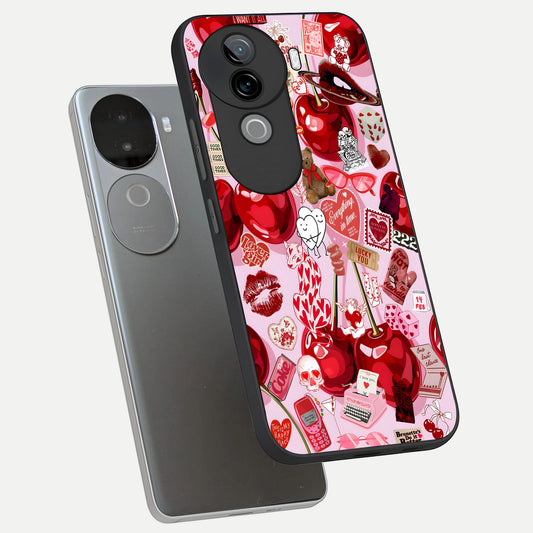  Sweet Cherry Chaos phone case for iQOO Z9s showing premium glass back cover with detailed artwork