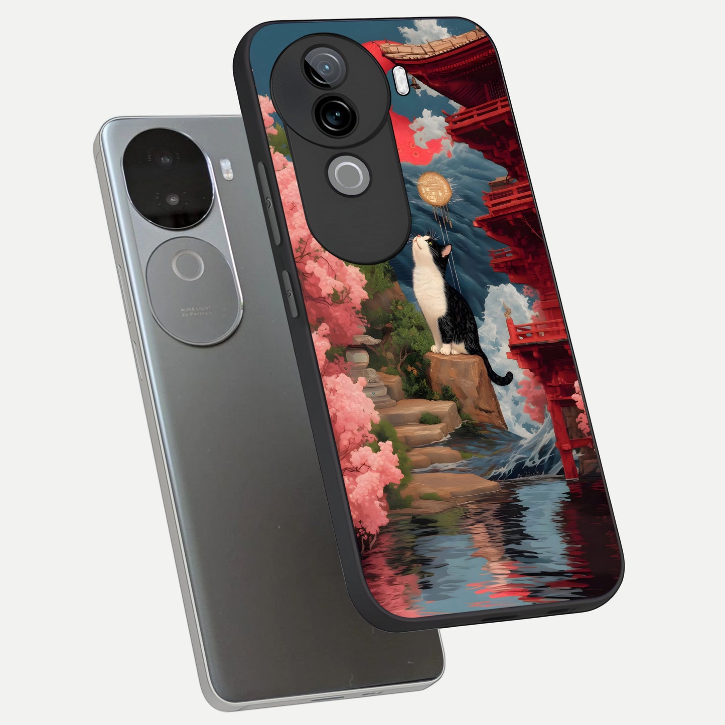  Temple Cat Scenery phone case for iQOO Z9s showing premium glass back cover with detailed artwork