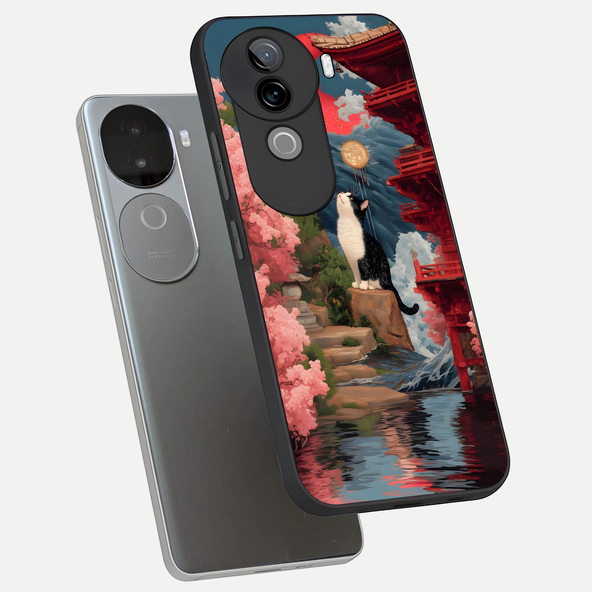  Temple Cat Scenery phone case for iQOO Z9s showing premium glass back cover with detailed artwork