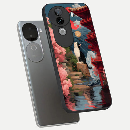  Temple Cat Scenery phone case for iQOO Z9s showing premium glass back cover with detailed artwork