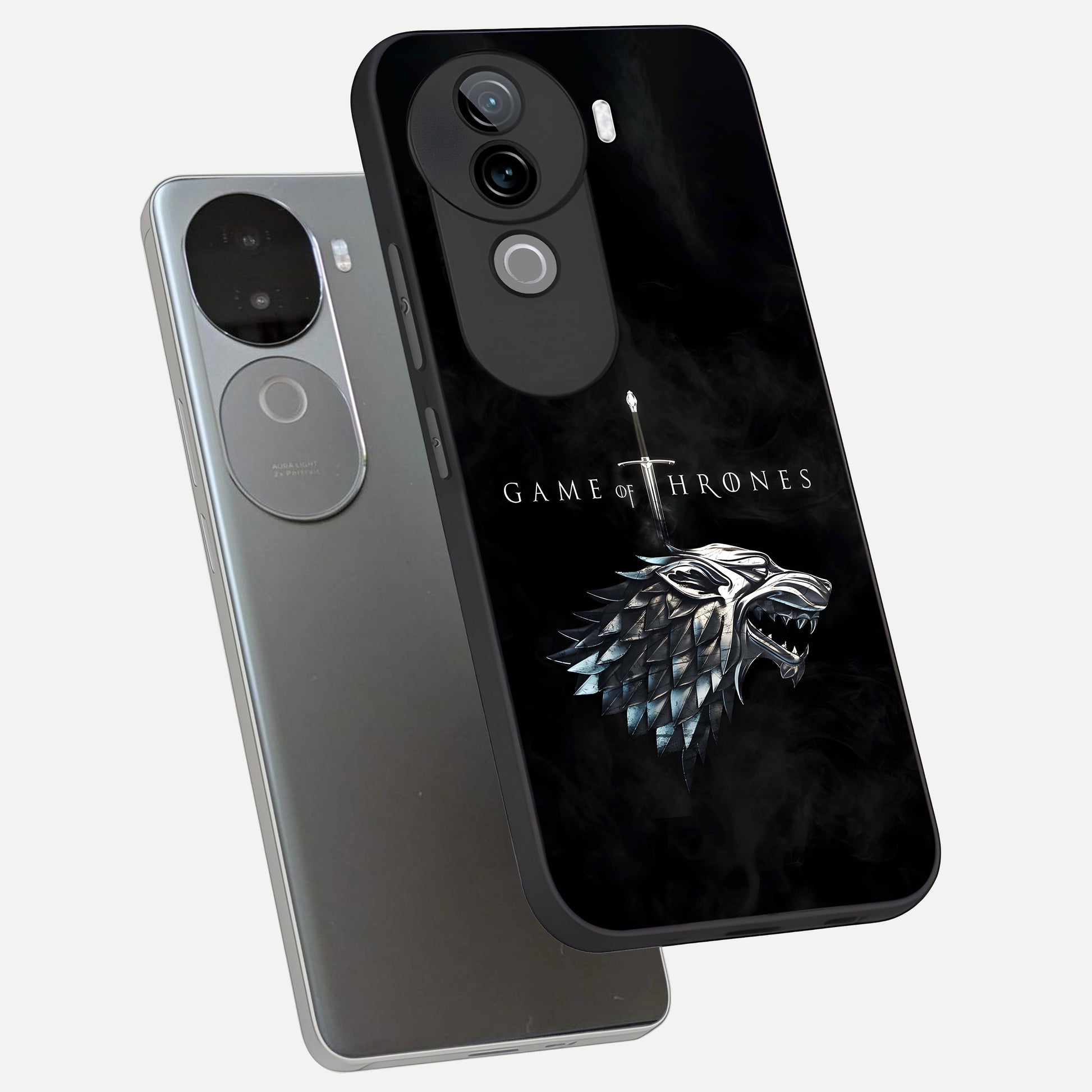  Throne Wolf Legacy phone case for iQOO Z9s showing premium glass back cover with detailed artwork