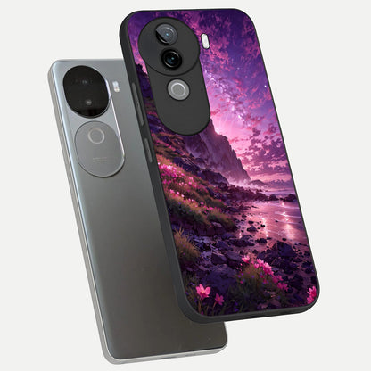  Twilight Blossom Coast phone case for iQOO Z9s showing premium glass back cover with detailed artwork