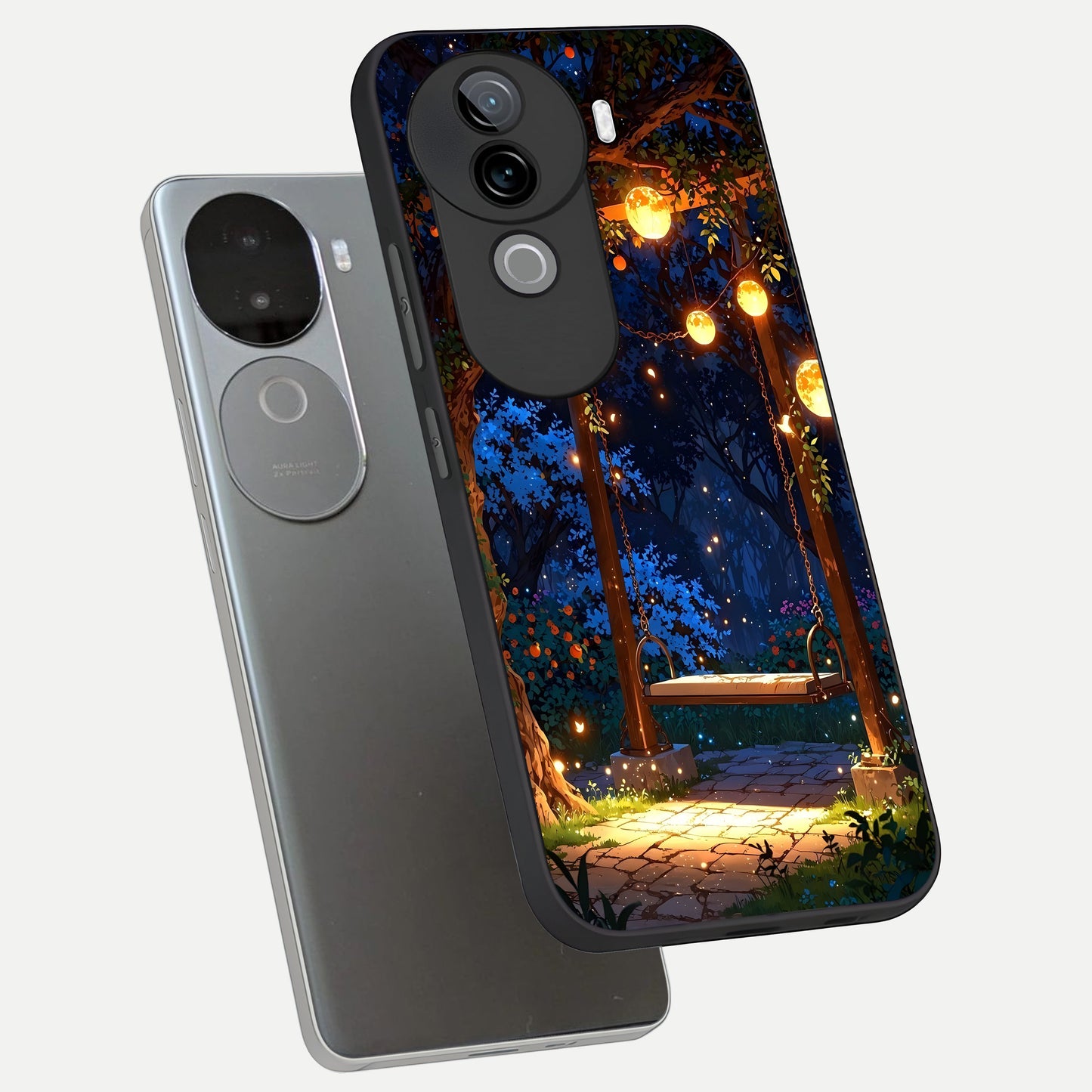  Twilight Garden Swing phone case for iQOO Z9s showing premium glass back cover with detailed artwork