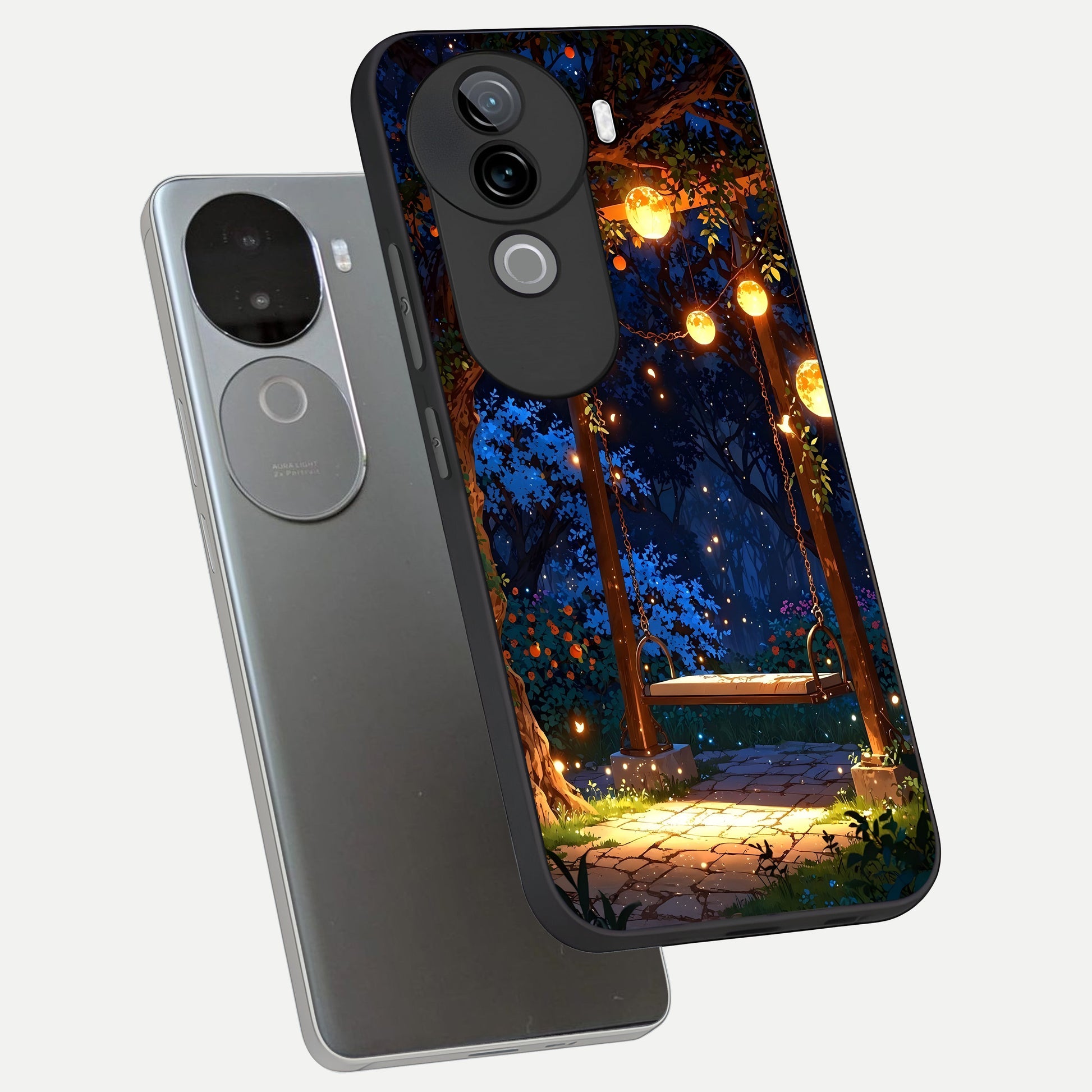  Twilight Garden Swing phone case for iQOO Z9s showing premium glass back cover with detailed artwork