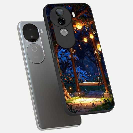  Twilight Garden Swing phone case for iQOO Z9s showing premium glass back cover with detailed artwork