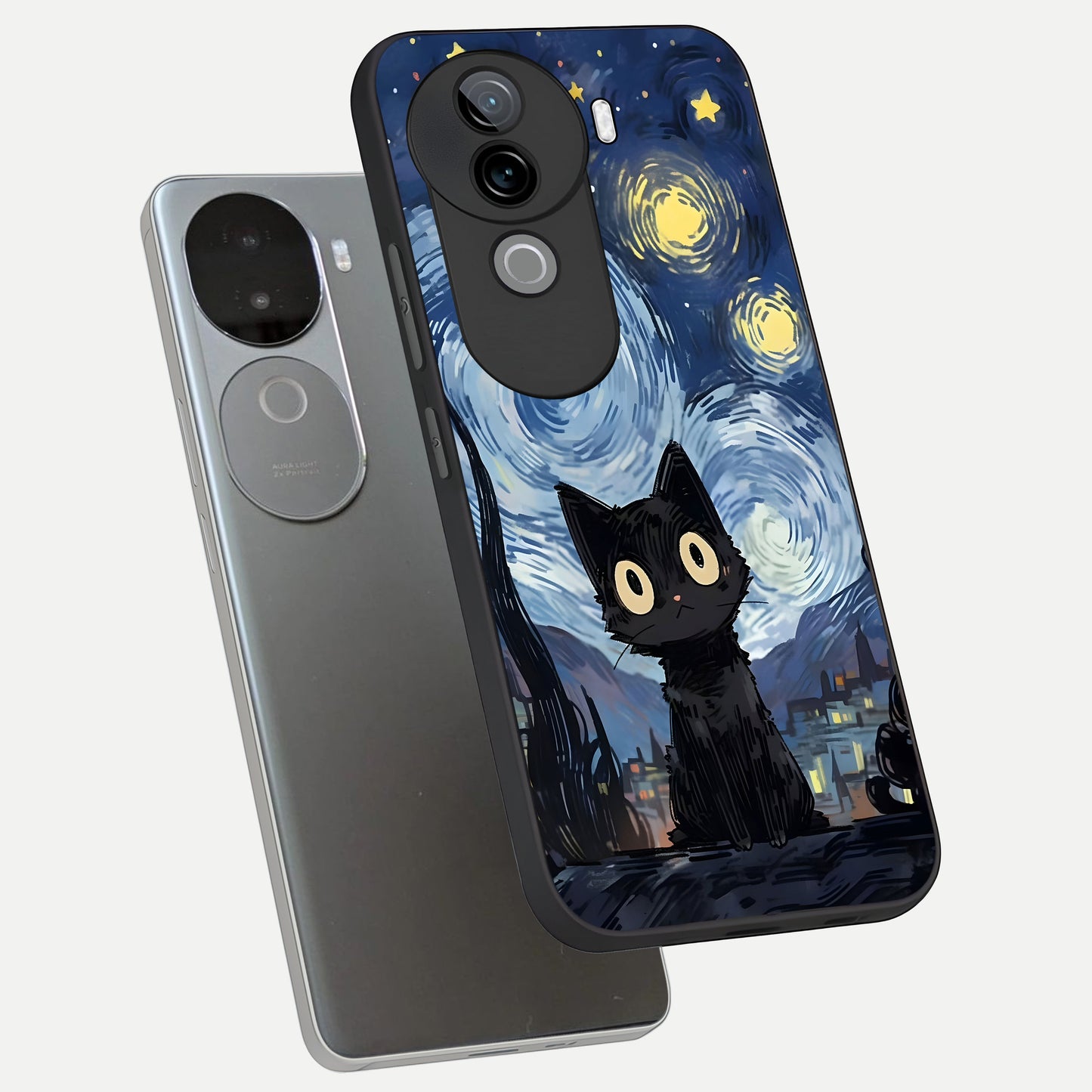  Van Gogh Cat phone case for iQOO Z9s showing premium glass back cover with detailed artwork