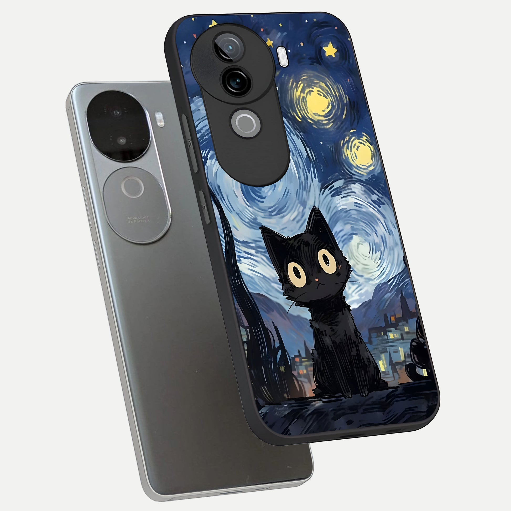  Van Gogh Cat phone case for iQOO Z9s showing premium glass back cover with detailed artwork