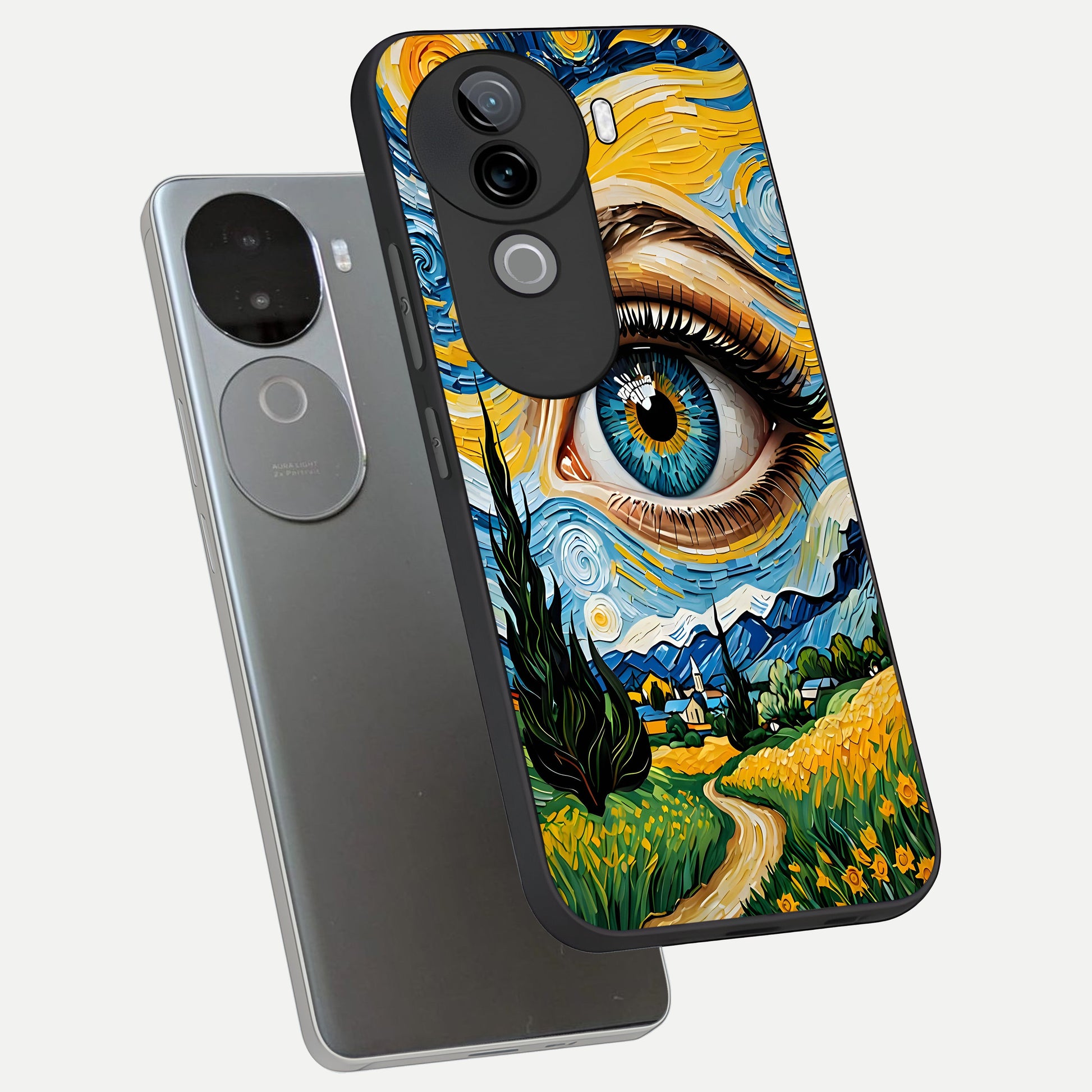 Van Gogh Eye phone case for iQOO Z9s showing premium glass back cover with detailed artwork