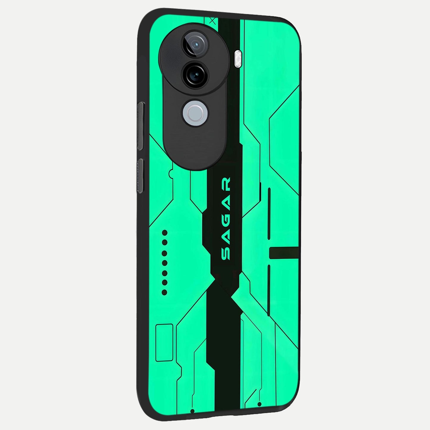  Aqua Tech CYBERPUNK Custom Name back cover for iQOO Z9s slim fit glass case with vibrant aesthetic design