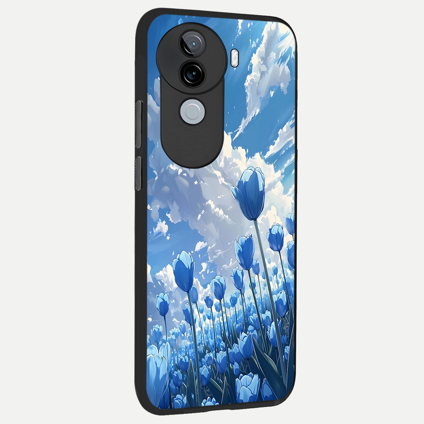  Blue Tulip Clouds back cover for iQOO Z9s slim fit glass case with vibrant aesthetic design
