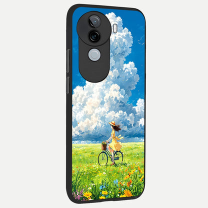  Breezy Meadow Ride back cover for iQOO Z9s slim fit glass case with vibrant aesthetic design
