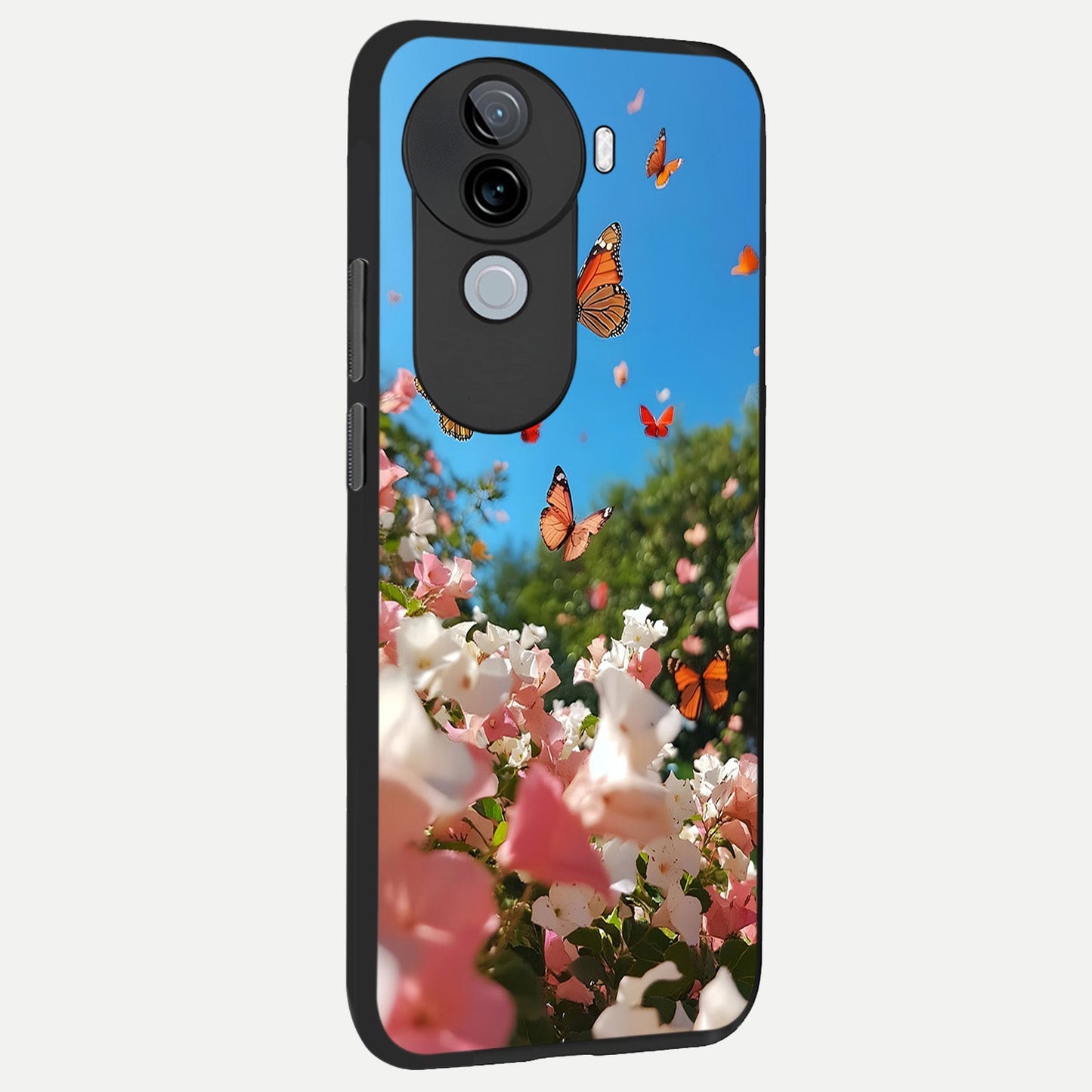  Butterflies In Bloom Sky back cover for iQOO Z9s slim fit glass case with vibrant aesthetic design
