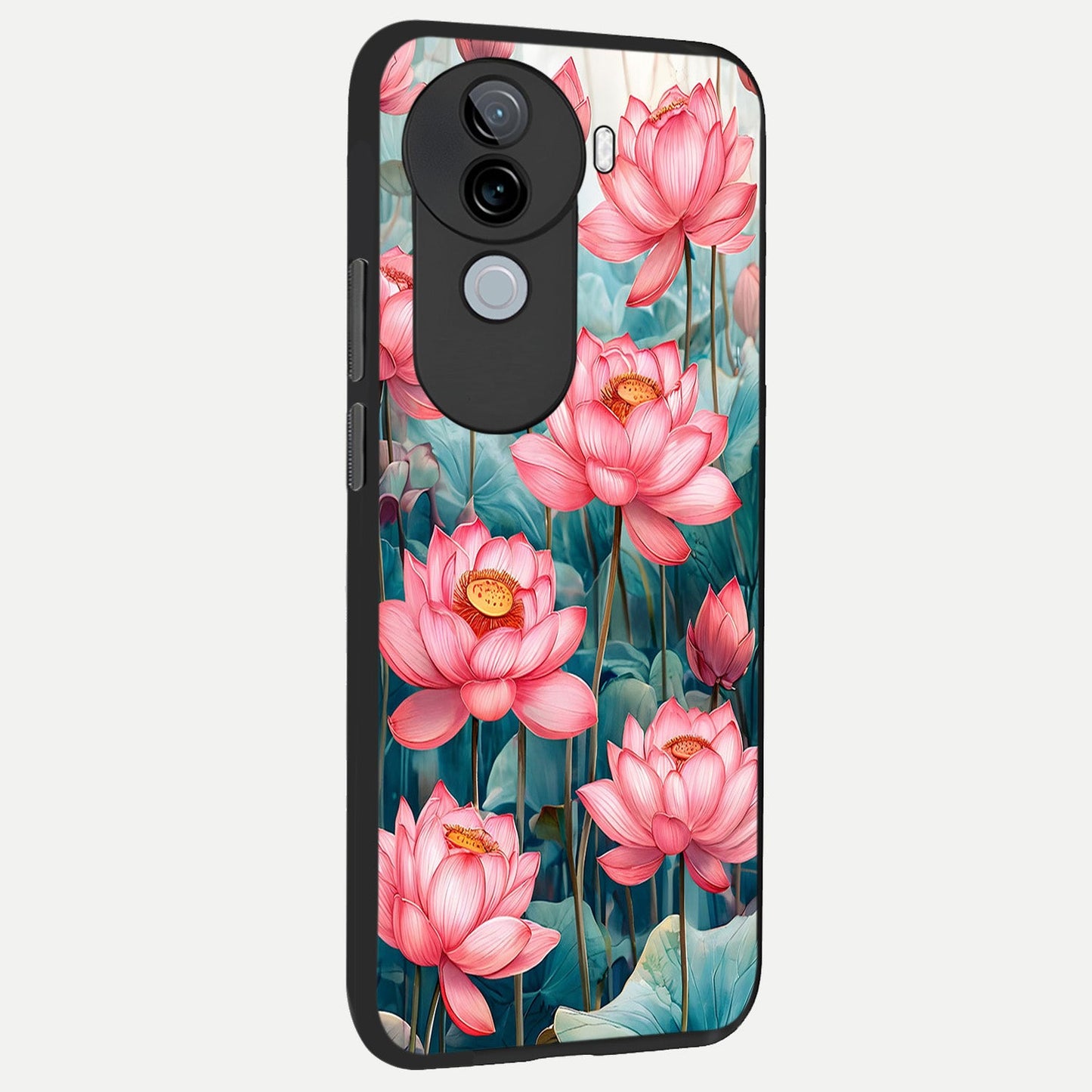  Celestial Pink Lotus back cover for iQOO Z9s slim fit glass case with vibrant aesthetic design