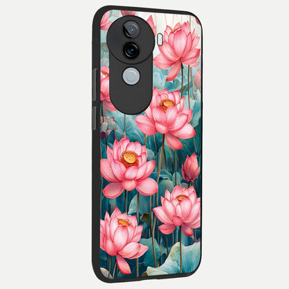  Celestial Pink Lotus back cover for iQOO Z9s slim fit glass case with vibrant aesthetic design