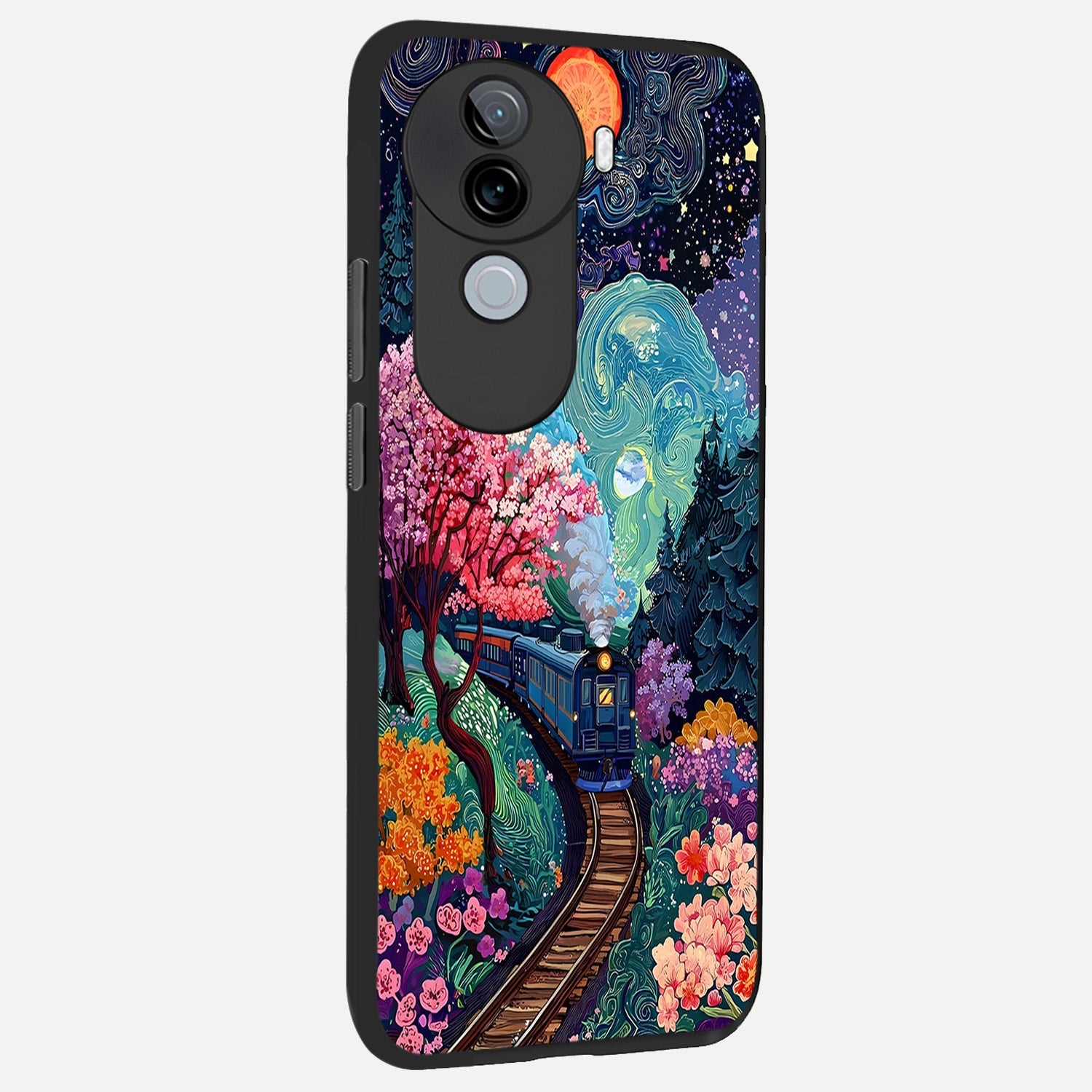  Celestial Train Journey back cover for iQOO Z9s slim fit glass case with vibrant aesthetic design