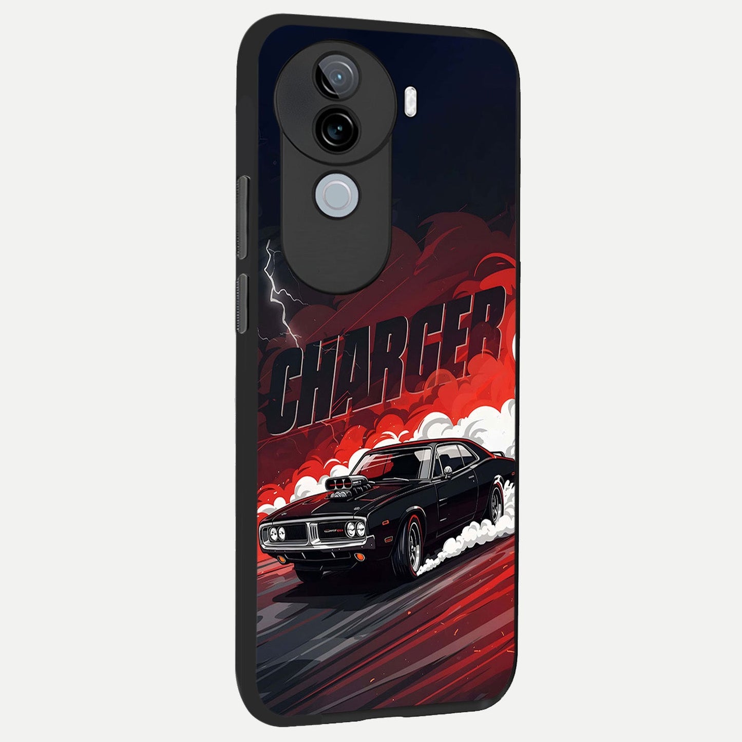  Dark Charger Fury back cover for iQOO Z9s slim fit glass case with vibrant aesthetic design