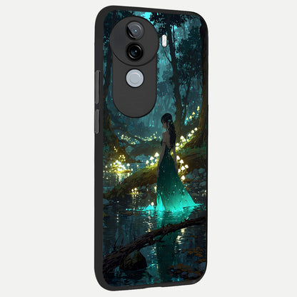 Enchanted Forest Glow back cover for iQOO Z9s slim fit glass case with vibrant aesthetic design