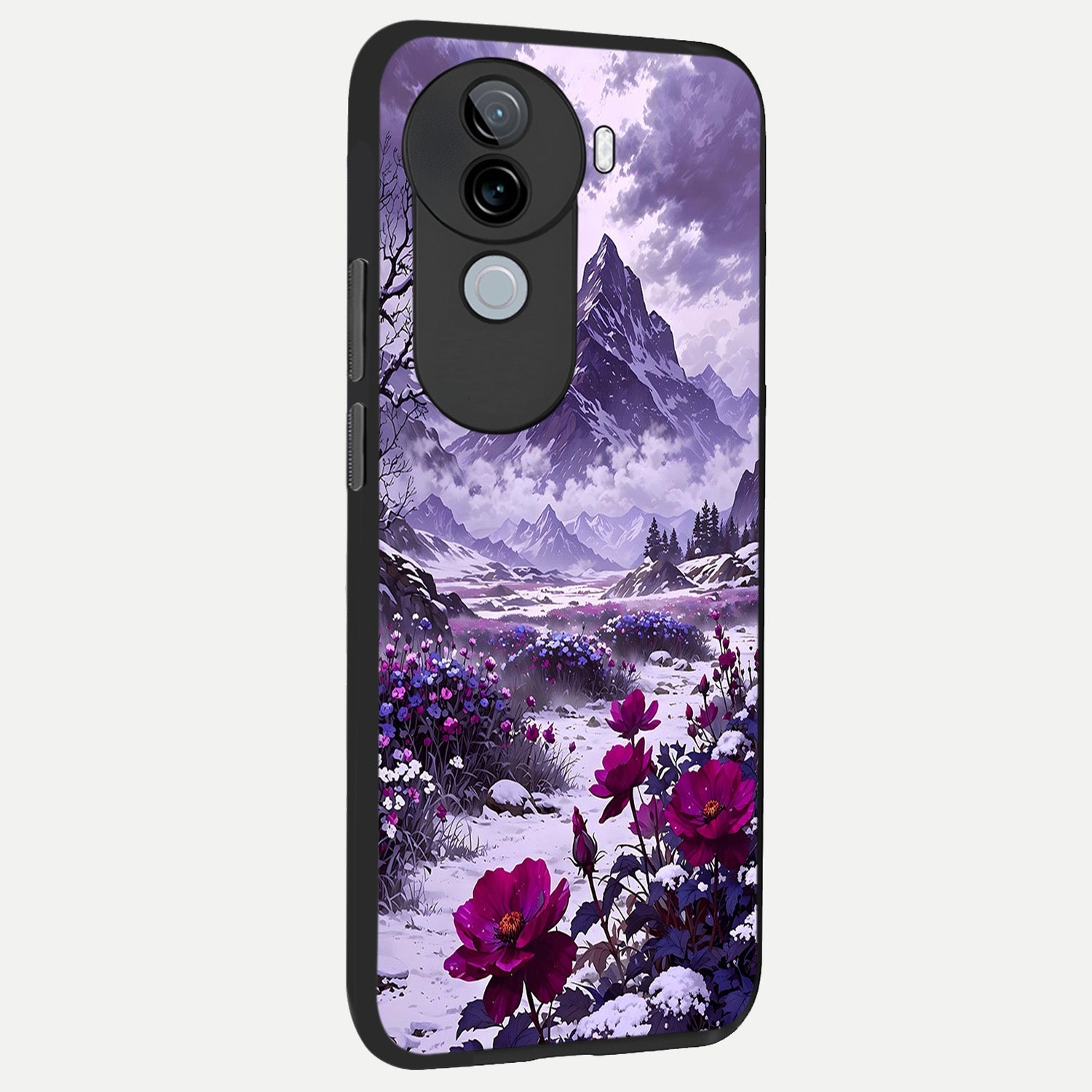  Flower Mountain View back cover for iQOO Z9s slim fit glass case with vibrant aesthetic design