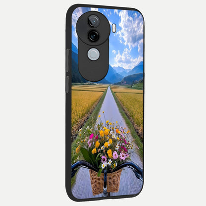  Golden Field Journey back cover for iQOO Z9s slim fit glass case with vibrant aesthetic design