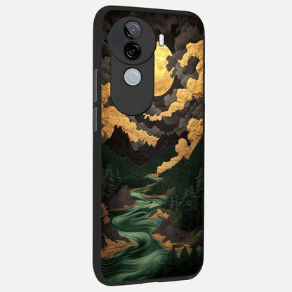  Golden River Moon back cover for iQOO Z9s slim fit glass case with vibrant aesthetic design